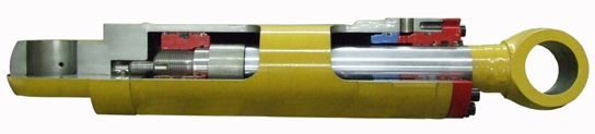 Photo d'un vérin hydraulique réel, coupé, montrant le corps, le piston et la tige